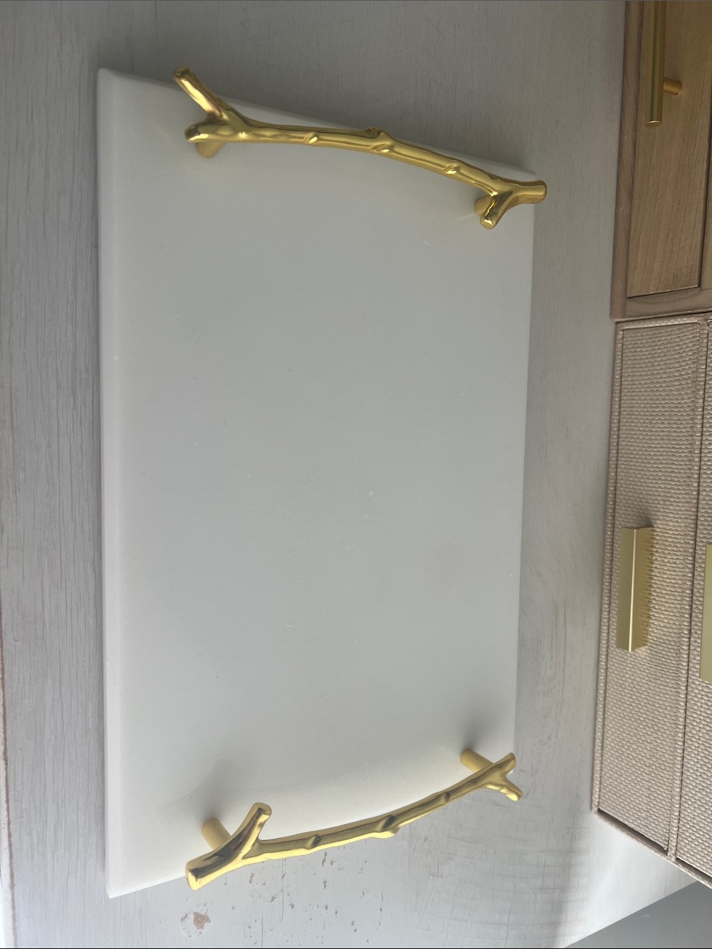 White Marble Serving Tray with Gold Branch Handles